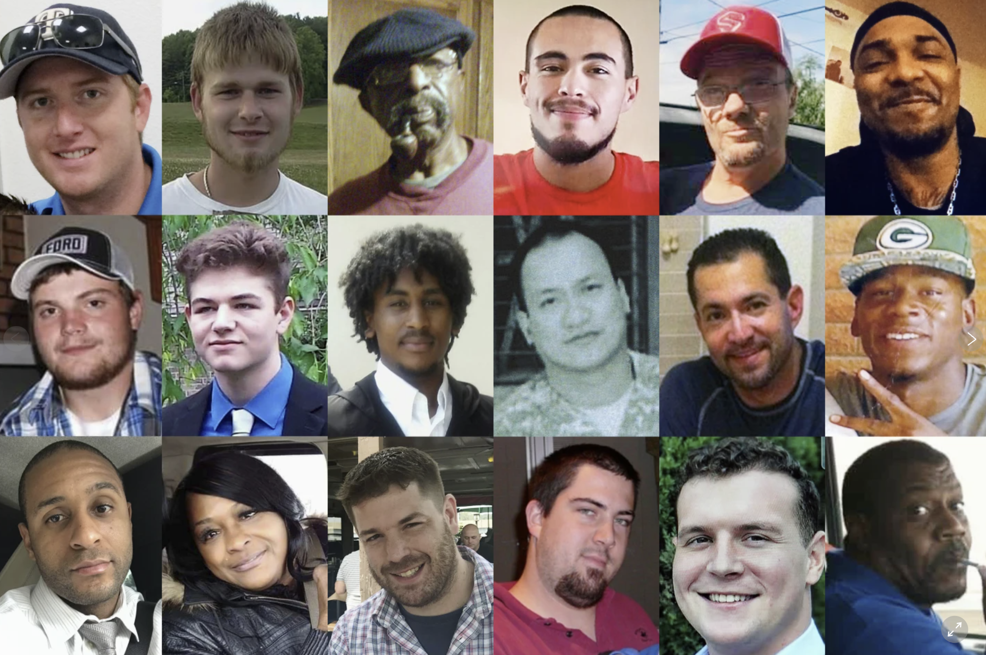 This combination of photos shows, top row from left, Anthony Timpa, Austin Hunter Turner, Carl Grant, Damien Alvarado, Delbert McNiel and Demetrio Jackson; second row from left, Drew Edwards, Evan Terhune, Giovani Berne, Glenn Ybanez, Ivan Gutzalenko and Mario Clark; bottom row from left, Michael Guillory, Robbin McNeely, Seth Lucas, Steven Bradley Beasley, Taylor Ware and Terrell “Al” Clark. Each died after separate encounters with police in which officers used force that is not supposed to be deadly. (AP Photo)